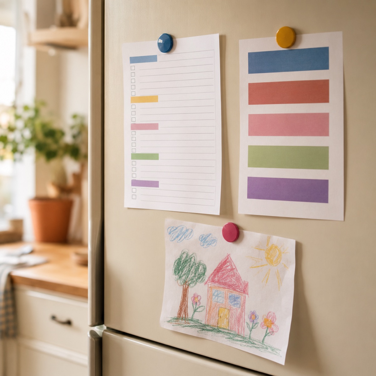The printable pack pinned on a family fridge